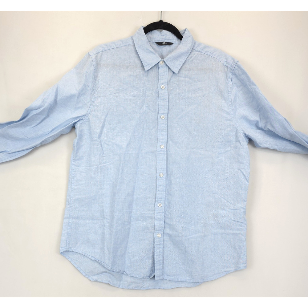 7 For All Mankind Linen Cotton Button Up Shirt Men L Office Casual Preppy Blue